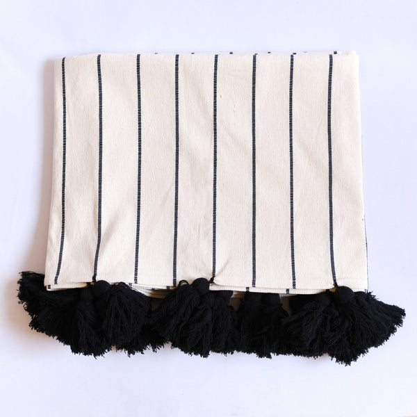 Plaid Mary - Blanc à rayures et pompons